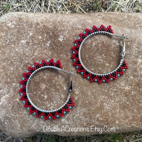 Red and Turquoise Beaded 1 1/4” Hoops, Handmade - Picture 4 of 8